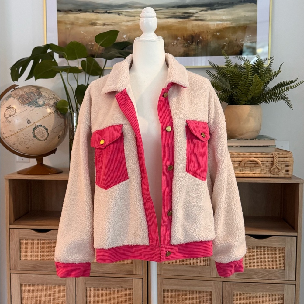 Super cute and cozy, hot pink and cream, fleece jacket